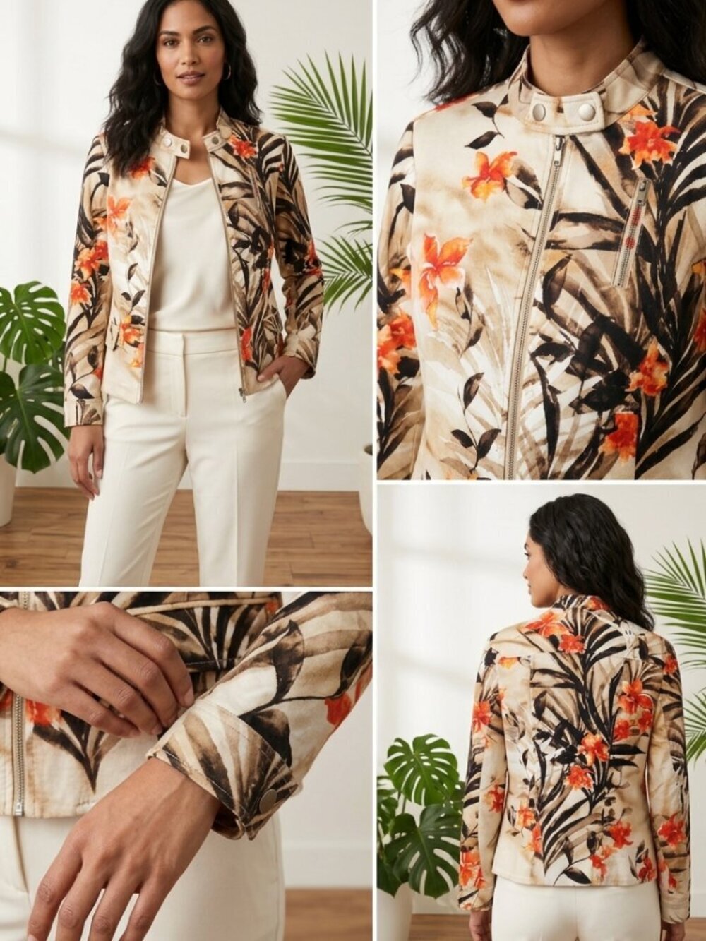 Chico's Tropical Floral Palm Print Zip Moto Jacket - Size 1 (Medium/8)